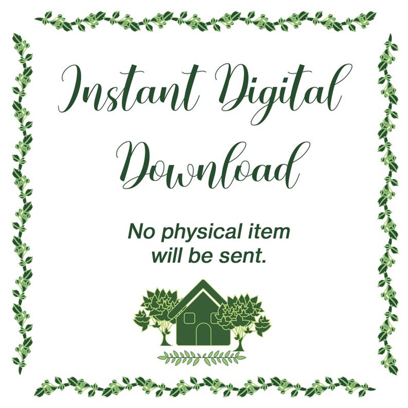 K&ouml;nnte beinhalten: Gr&uuml;ner Blatt-Rand mit dem Text "Sofortiger digitaler Download" und "Kein physischer Artikel wird versandt." Unter dem Text befindet sich ein gr&uuml;nes Haus mit zwei gr&uuml;nen B&auml;umen.