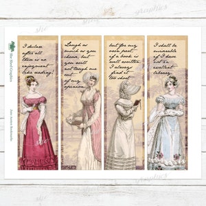 K&ouml;nnte beinhalten: Vier Vintage-Lesezeichen mit Illustrationen von Frauen in Kleidern und Zitaten &uuml;ber das Lesen. Die Zitate lauten: "Ich erkl&auml;re, dass es nach allem keinen Genuss gibt, der mit Lesen vergleichbar ist!" "Lachen Sie so viel Sie wollen, aber Sie werden mich nicht von meiner Meinung abbringen." "Aber f&uuml;r meinen Teil, wenn ein Buch gut geschrieben ist, finde ich es immer zu kurz." "Ich werde ungl&uuml;cklich sein, wenn ich keine ausgezeichnete Bibliothek habe."