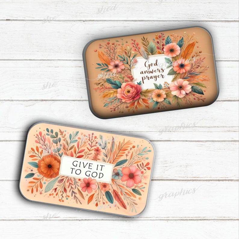 May include: Two rectangular decorative tins with floral designs. One tin features the text "God answers prayer" surrounded by flowers. The other tin has the text "Give it to God" with a floral arrangement. The tins have a tan background and a white border.