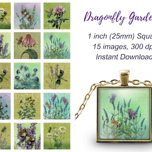 Dragonfly Garden 1 inch 25mm Square, Digital Image, dragonflies and wildflowers for making jewelry pendants, Printable digital collage sheet