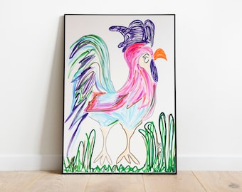 Colorful Contemporary Bird Wall Original Art Signed by Artist Rooster Fine Art Painting Bright Colors Acrylic Painting