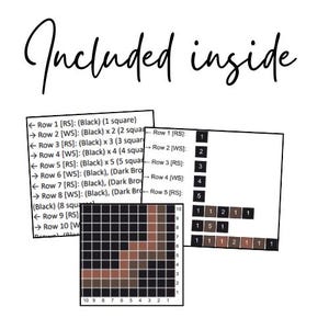 Puede incluir: Imagen con el texto manuscrito "Included inside". La imagen muestra un patr&oacute;n pixelado en negro y marr&oacute;n, junto con instrucciones para las filas 1-10 y una cuadr&iacute;cula numerada con cuadrados codificados por colores.