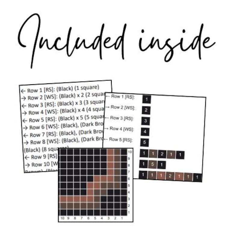 Puede incluir: Imagen con el texto manuscrito "Included inside". La imagen muestra un patr&oacute;n pixelado en negro y marr&oacute;n, junto con instrucciones para las filas 1-10 y una cuadr&iacute;cula numerada con cuadrados codificados por colores.