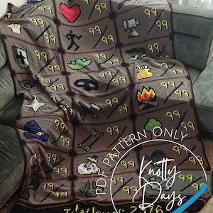 May include: A gray and brown crocheted blanket with various pixelated game-themed icons, including a heart, a running figure, and a campfire. The blanket has a black border and the text "Total level: 2576". The words "PDF PATTERN ONLY" and "Knotty Days" are also visible.
