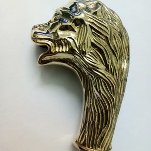 May include: A gold-coloured metal walking stick handle with a detailed lion head design.