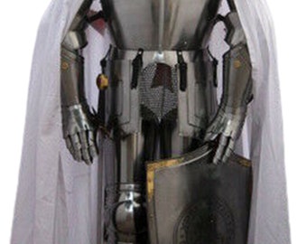 May include: A full suit of silver armor with a white cape, a helmet with a gold cross, and a shield with a circular design.
