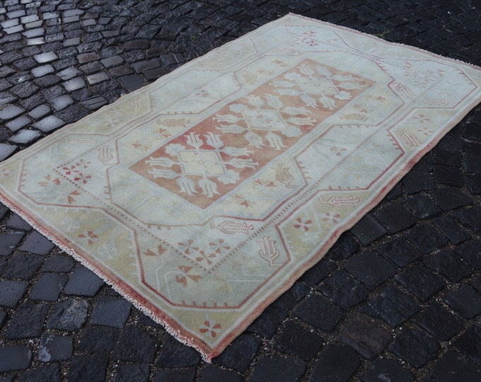 Bohemian rug, Area Rug, Turkish rug, Home decor, Vintage rug, Wool rug, Handmade rug, Pastel rug | 3.8 x 5.9 ft =  118 x 181 cm