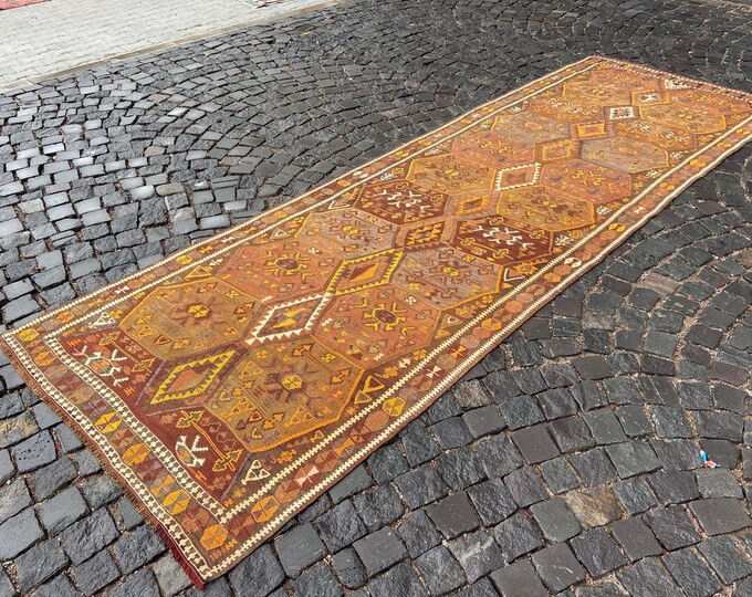 Handmade kilim, Turkish kilim, Runner kilim, Wool rug, Carpet, Hallway rug, Entryway rug, Bohemian rug | 130 x 272 cm = 4.2 x 8.8 ft