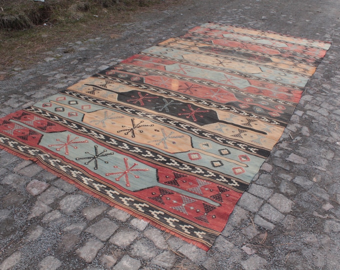 Oushak kilim rug, Turkish large Kilim, Kilim, Vintage kilim, Handmade kilim, Large kilim, Area wool kilim 167 x 369 cm = 5,2 ft x 12,0 ft