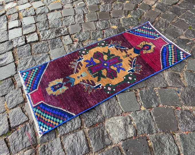 Turkish vintage rug, Bohemian wool rug, 2x3 rug, Handmade area rug, Doormat, Bathroom decor, Ethnic carpet | 41 x 93 cm = 1,3 x 3,0 ft