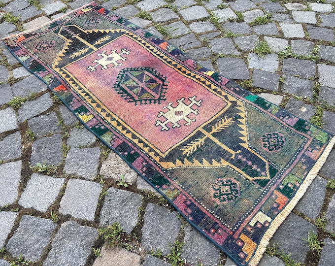 Vintage Turkish Wool Rug, Small Bohemian Doormat 1,4 x 3,5 ft
