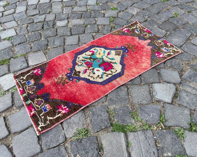 Wool rug, Bath rug, Geometric rug, Entryway rug, Bath mats, Organic rug, Vintage rug | 40 x 89 cm = 1,3 x 2,9 ft