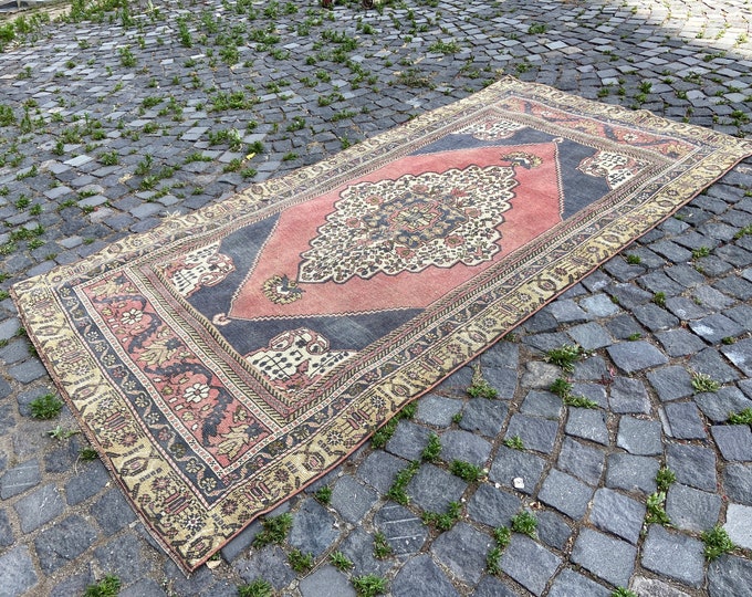 Turkish vintage wool pastel rug, Bohemian area carpet, For bedroom kitchen living room boho home decor 135 x 257 cm = 4,4 x 8,4 ft