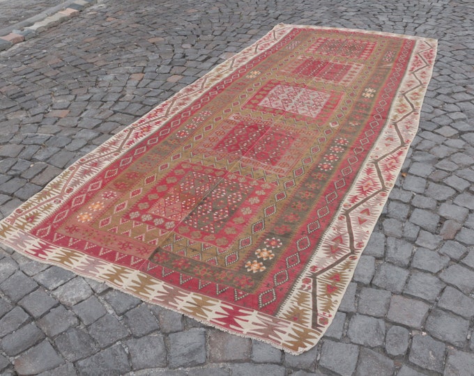 Oushak kilim rug, Turkish large Kilim, Kilim, Vintage kilim, Handmade kilim, Large kilim, Area wool kilim 162 x 384 cm = 5,2 ft x 12,4 ft