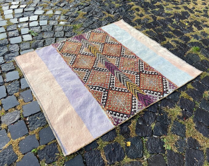 Vintage area rugs, Turkish kilim, Bohemian rugs, Handmade kilims rugs, Home decor, Carpet, Kitchen rugs | 101 x 115 cm = 3,3 x 3,7 ft