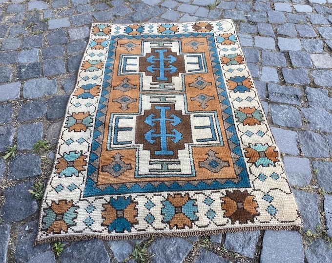 Blue camel brown cream 2x3 vintage Turkish rug ,handmade wool geometric carpet