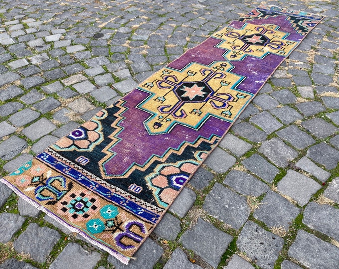 Bohemian rug, Turkish rug, Vintage rug, Runner Rug, Hallway rug, Wool rug, Handmade rug, Carpet, Kilim, | 48 x 220 cm = 1,5 x 7,2 ft