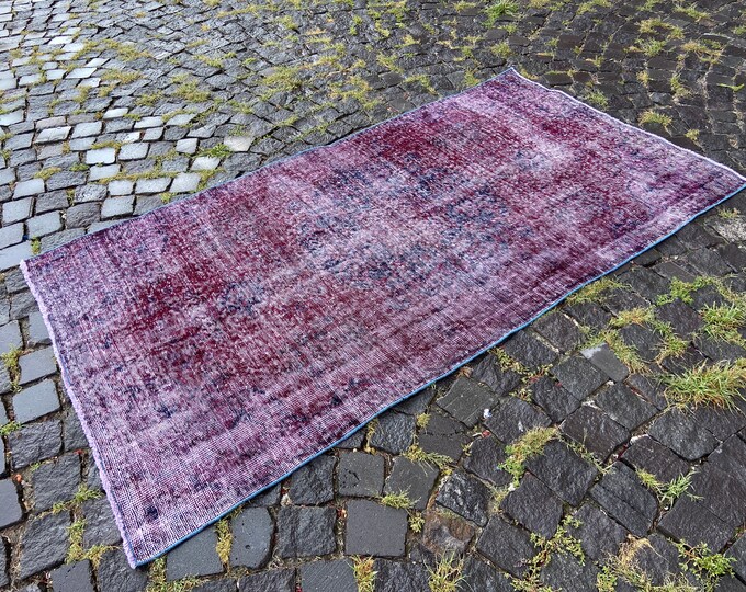 Over dyed rug, Purple rug, Bohemian area rug, Turkish rug, Home decor, Vintage wool rug, Handmade rug, Carpet | 107 x 197 cm = 3,5 x 6,4 ft