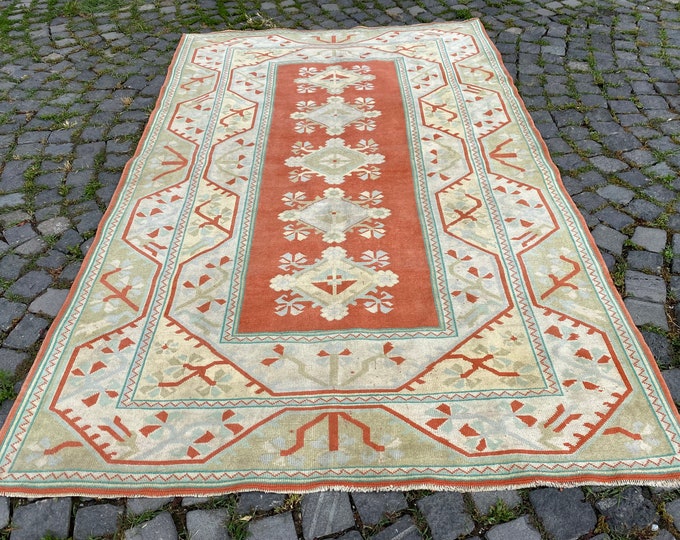 Terracotta Sage Green 5x8 Vintage Turkish Area Rug Handmade Wool Geometric Cream Border Carpet
