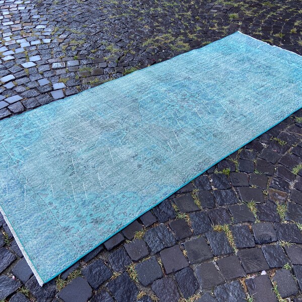 Alfombra teñida, Alfombra vintage de pasillo, Alfombra de cocina, Alfombra de lana hecha a mano, Alfombra boho, Alfombra orgánica, Alfombra, Alfombra azul / 119 x 271 cm = 3,9 x 8,8 pies
