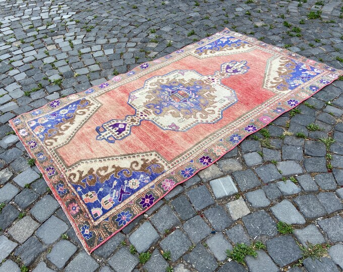 Handmade area rugs, Turkish vintage rug, Bohemian wool rug, Carpet, Pink rug, Oriental rug 114 x 202 cm = 3,7 x 6,6 ft