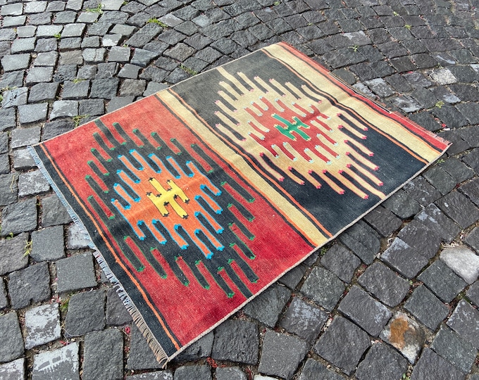 2,9 x 3,8 ft, Vintage kilim, Area kilim, Turkish kilim, Home decor, Wool kilim, Handmade kilim, Carpet, Kilim | 91 x 118 cm