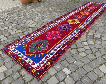 Floral Turkish Runner Rug, 2.9 x 13 ft, Vintage Wool Rug