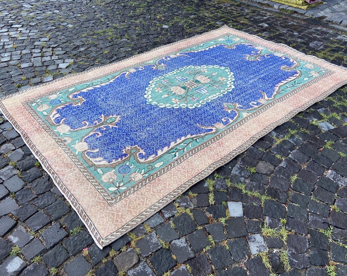 Blue Large rug, Oushak  rug, Turkish rug, Vintage rug, Wool rug, Handmade rug, Carpet, Kilim, Home decor | 182 x 295 cm = 5,9 x 9,6 ft