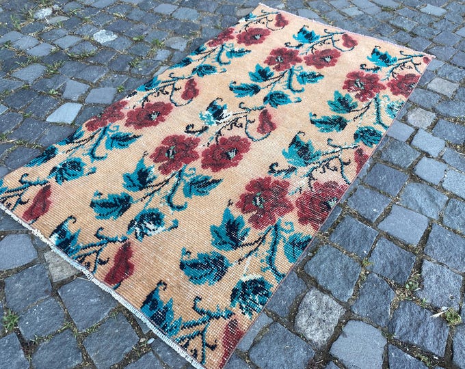 Turkish vintage wool handwoven rug, orange and blue color with oriental motifs, for living room, bedroom, 86 x 150 cm = 2,8 x 4,9 ft