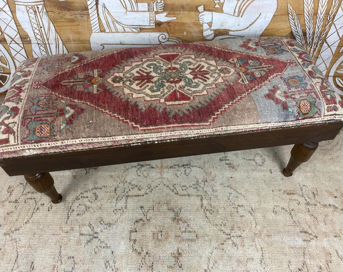 Handmade Ottoman Bench, Us Free Tax, 100% Hand-Woven Rug & Solid Hornbeam Wood, Vintage Turkish Style, Brass Studded, Entryway Seating