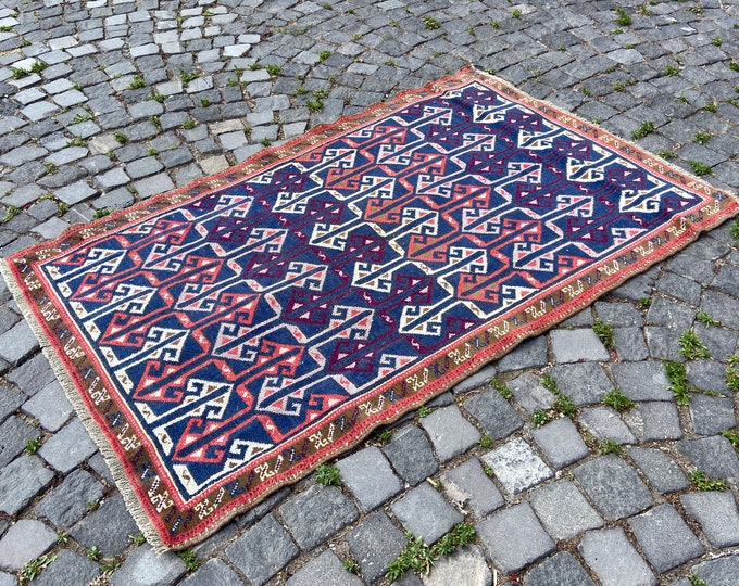 Blue rug, Handmade wool rug, Bohemian area rug, Turkish kitchen rug, Decor rug 110 x 166 cm = 3,6 x 5,4 ft