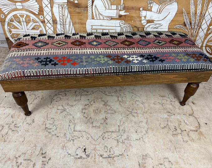Handmade Ottoman Bench, Us Free Tax, 100% Hand-Woven Rug & Solid Hornbeam Wood, Vintage Turkish Style, Brass Studded, Entryway Seating