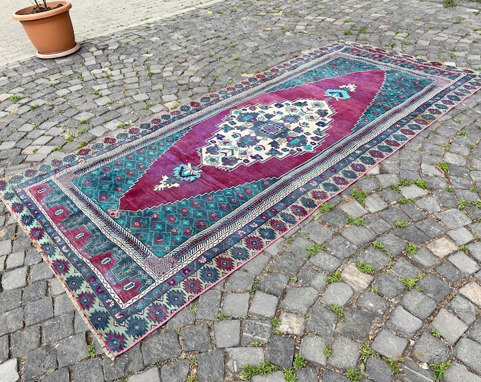 Home decor, Vintage rug, Large rug, Turkish rug, Oushak  rug, Wool rug, Handmade rug, Carpet, Kilim 137 x 303 cm = 4,4 x 9,9 ft
