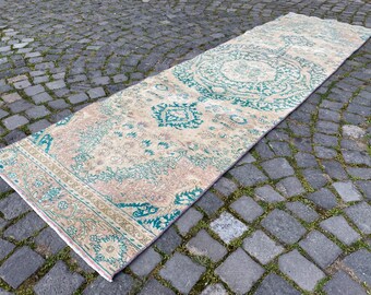 Vintage Turkish Runner Rug, Distressed Teal & Beige Medallion Rug