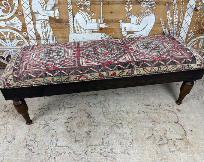 Handmade Ottoman Bench, Us Free Tax, 100% Hand-Woven Rug & Solid Hornbeam Wood, Vintage Turkish Style, Brass Studded, Entryway Seating