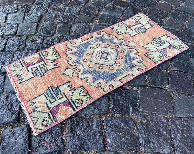 Small rug, Vintage handmade rug, Turkish rug, Bohemian rug, Bath rug, Geometrik rug, Decor rug, Carpet | 34 x 75 cm = 1,1 x 2,4 ft