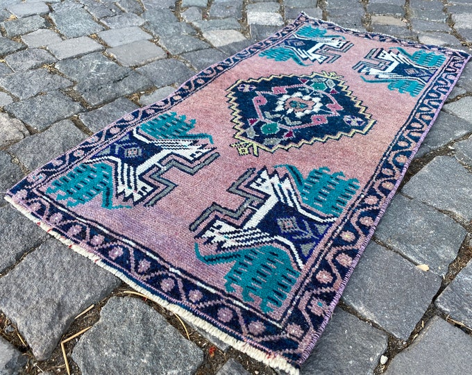 Bohemian rug, Turkish rug, Vintage rug, Small Rug, Home decor, Wool rug, Handmade rug, Carpet, Kilim | 43 x 87 cm = 1,4 x 2,8 ft
