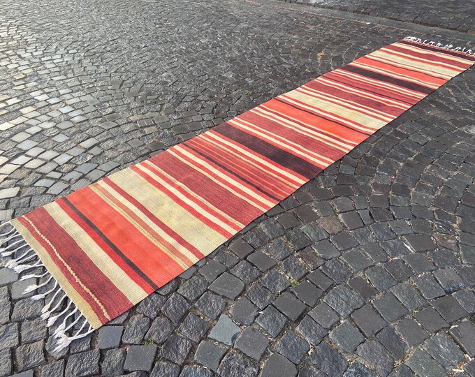 Interior Décor, Hand knotted rug, Runner kilim, Vintage kilim, Bohemian rug, Handmade rug, Wool rug, Carpet | 88 x 435 cm = 2,8 x 14,2 ft