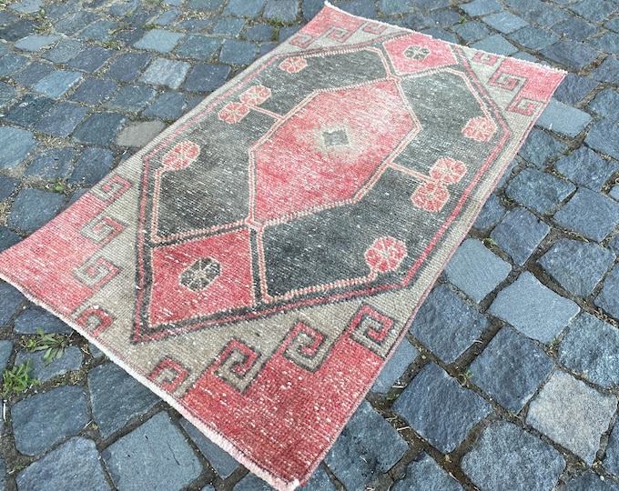 Turkish vintage wool handwoven rug, orange and blue color with oriental motifs, for living room, bedroom,| 67 x 108 cm = 2,1 x 3,5 ft