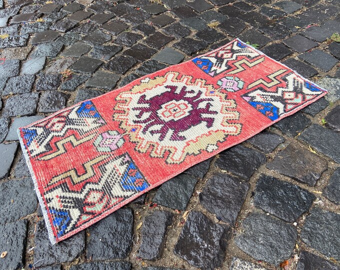 Wool rug, Small rug, Doormat, Vintage rug, Turkish rug, Handmade rug, Carpet, Kilim, Boho decor | 40 x 81 cm = 1,3 x 2,6 ft