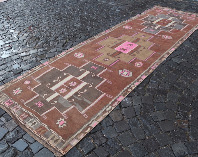 Turkish Kilim, Vintage kilim, Runner kilim, Rug, Carpet, Wool rug, Boho decor, Handmade rug | 3.6 x 11.2 ft = 113 x 347 cm