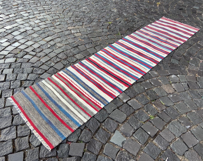 Boho rug, Turkish kilim, Natural dyed rug, Wool rug, Handmade kilim, Carpet, Decor rug, Bohemian kilim |  67 x 284 cm = 2.2 x 9.2 ft