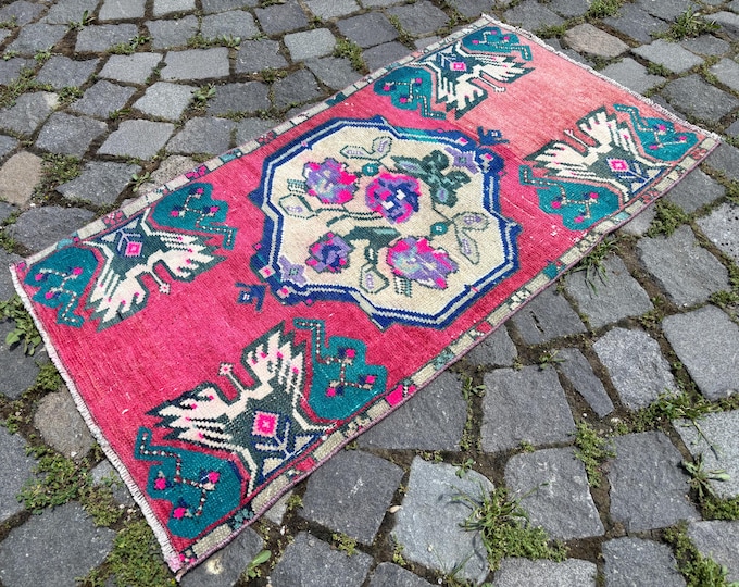 Vintage Turkish Wool Rug, Small Bohemian Doormat 1,6 x 3,1 ft