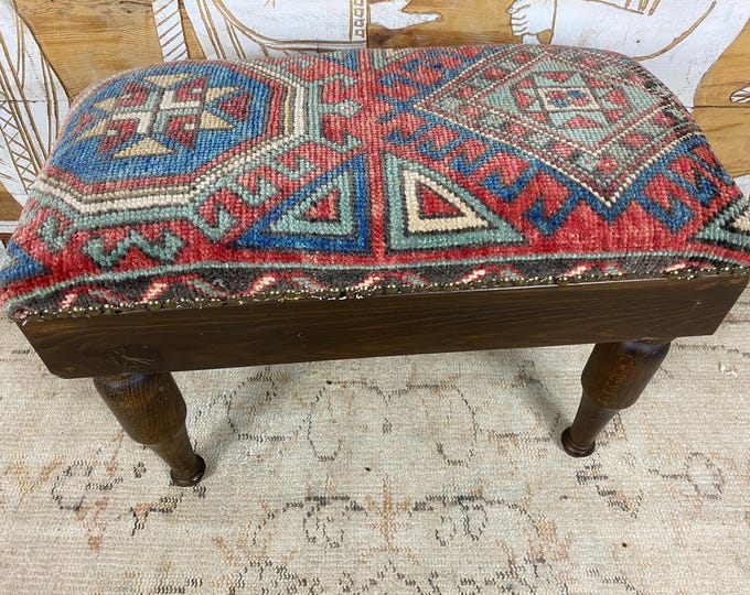 Handmade Ottoman Bench, Us Free Tax, 100% Hand-Woven Rug & Solid Hornbeam Wood, Vintage Turkish Style, Brass Studded, Entryway Seating