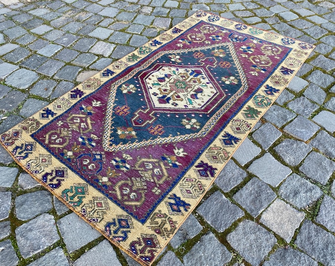 Turkish handmade rug, Bohemian wool rug, Kitchen carpet, Decor rug, Entryway rug | 70 x 130 cm = 2,2 x 4,2 ft