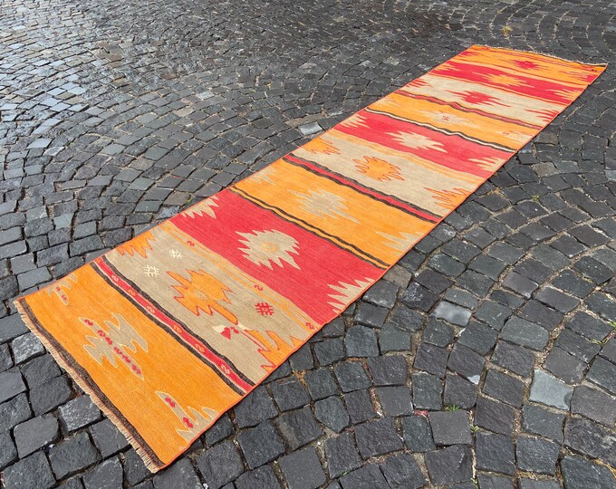 Vintage kilim, Turkish kilim, Handmade kilim, Wool kilim, Bohemian rug, Home decor, Turkish rug | 89 x 344 cm = 2,9 x 11,2 ft