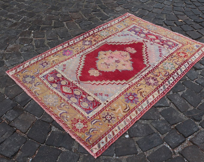 Turkish rug, Vintage rug,  Area rug , Wool rug,  Boho decor, Handmade Carpet  | 3'4" x 5'0"  105 cm x 153 cm