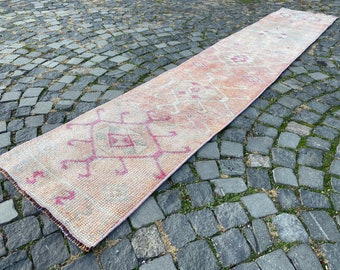Vintage Turkish Runner Rug, Distressed Pink & Beige, Bohemian Hallway Rug