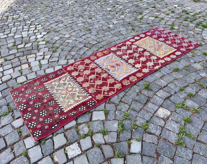 Vintage kilim, Turkish kilim, Handmade kilim, Wool kilim, Bohemian rug, Home decor, Turkish rug 78 x 230 cm = 2,5 x 7,5 ft