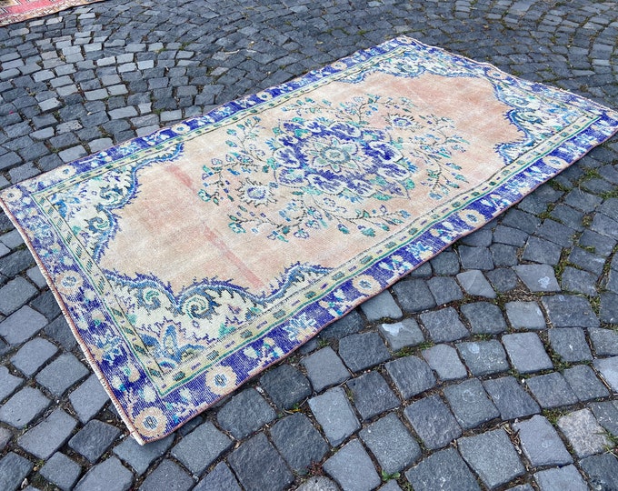 Turkish vintage wool handwoven rug, orange and blue color with oriental motifs, for living room, bedroom, 129 x 226 cm = 4,2 x 7,4 ft